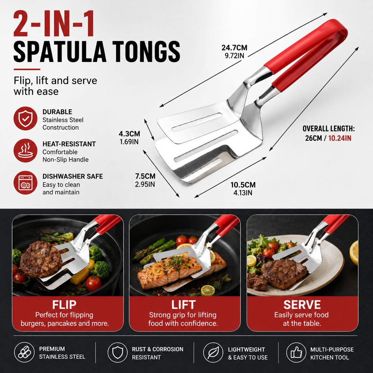 π³ 2-in-1 Stainless Steel Spatula Tongs β Grip, Flip & Serve