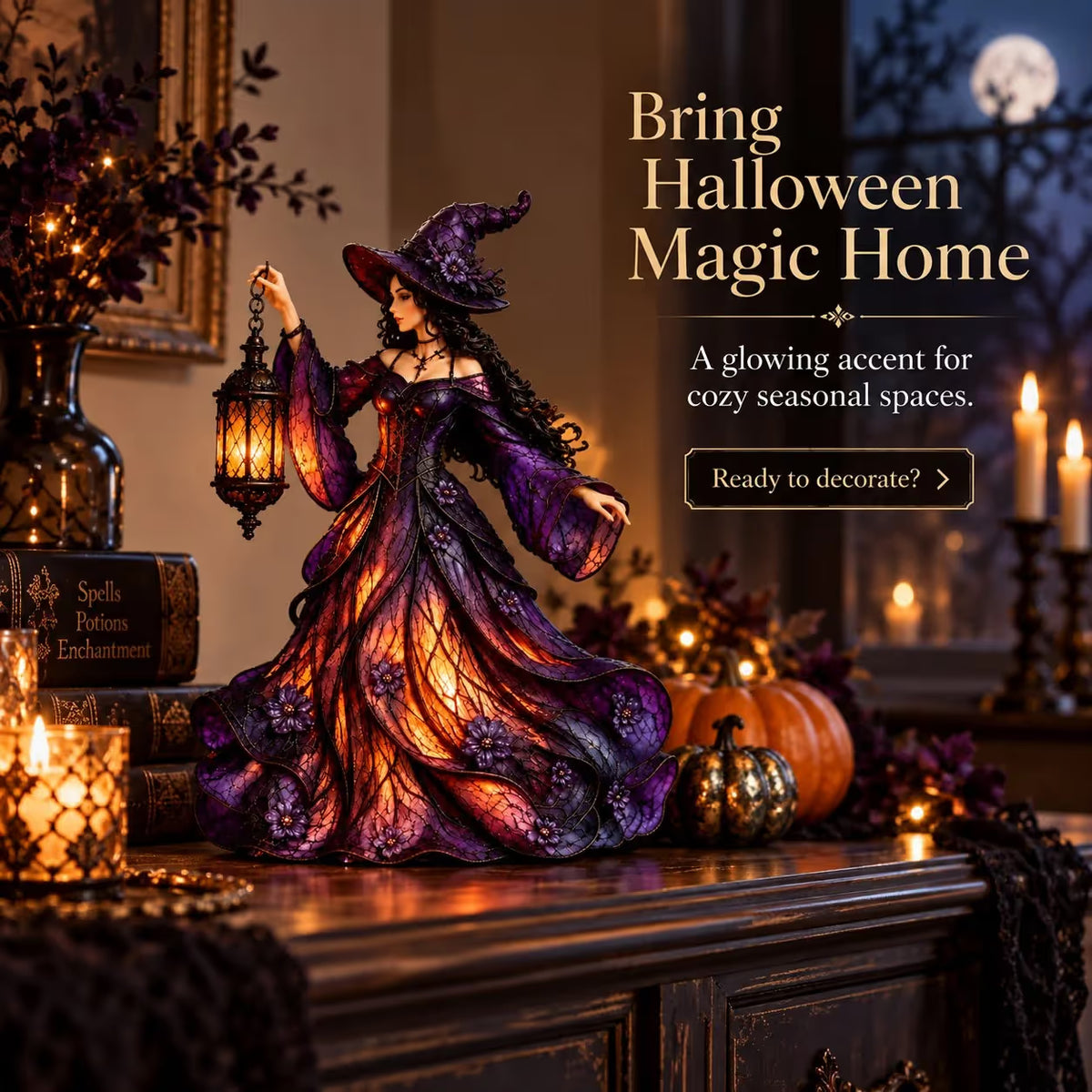 β³ Last Day 49% OFF β π§ Gothic Witch Lantern Figurine | Warm LED Glow for Shelves, Mantels & Halloween Displays π