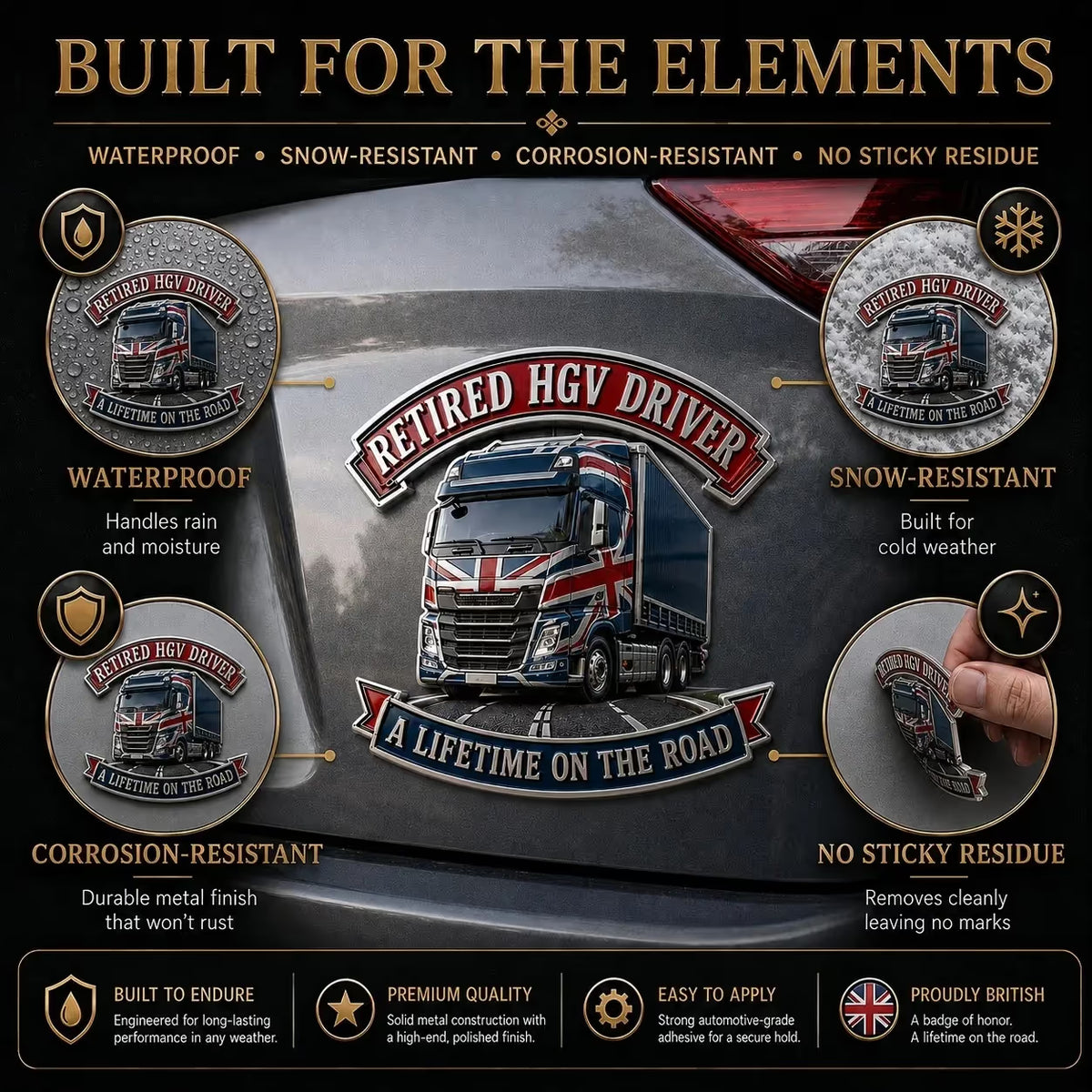👑🚚British Retired HGV Driver “A Lifetime on the Road” Tribute Metal Car Emblem