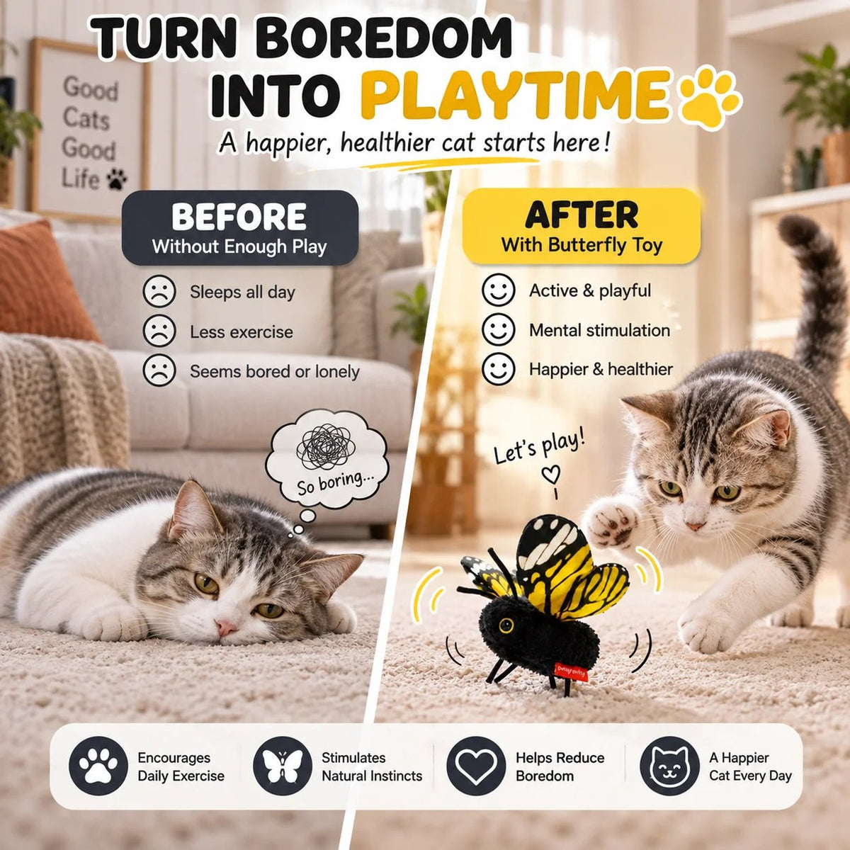 Interactive Electric Butterfly & Bluebird Cat Toy - 3 Flying Modes USB Rechargeable Teaser