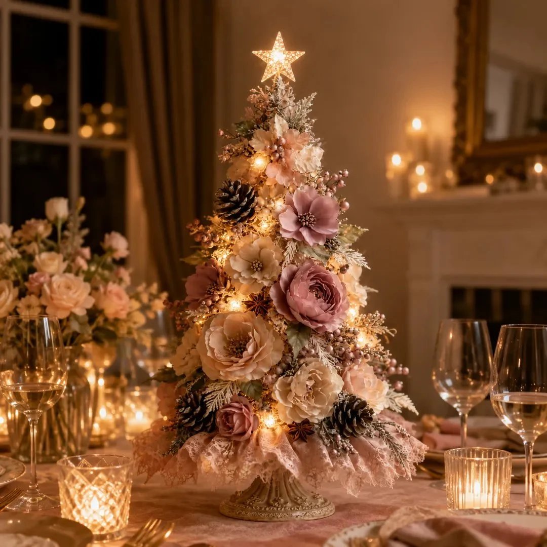 🌸 Pre-Decorated Blush Floral Tabletop Christmas Tree – Cordless Romantic Holiday Decor ✨