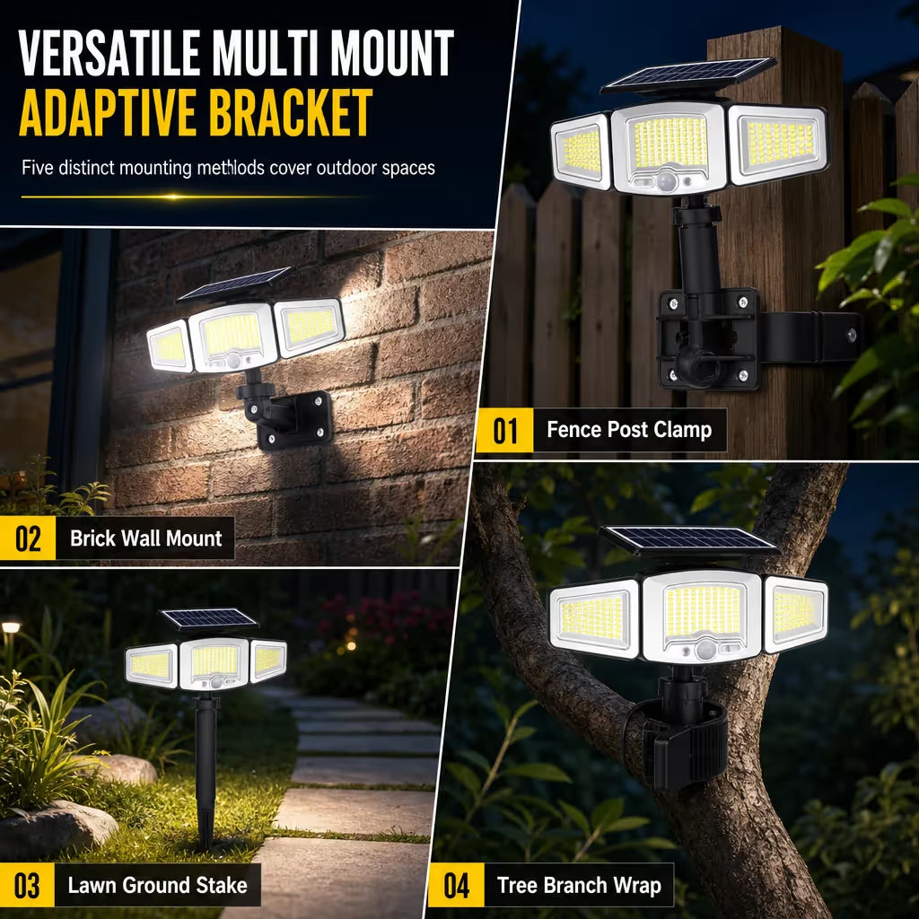 ☀️ Solar 3-Head Motion Sensor Security Light – Adjustable Outdoor Pathway