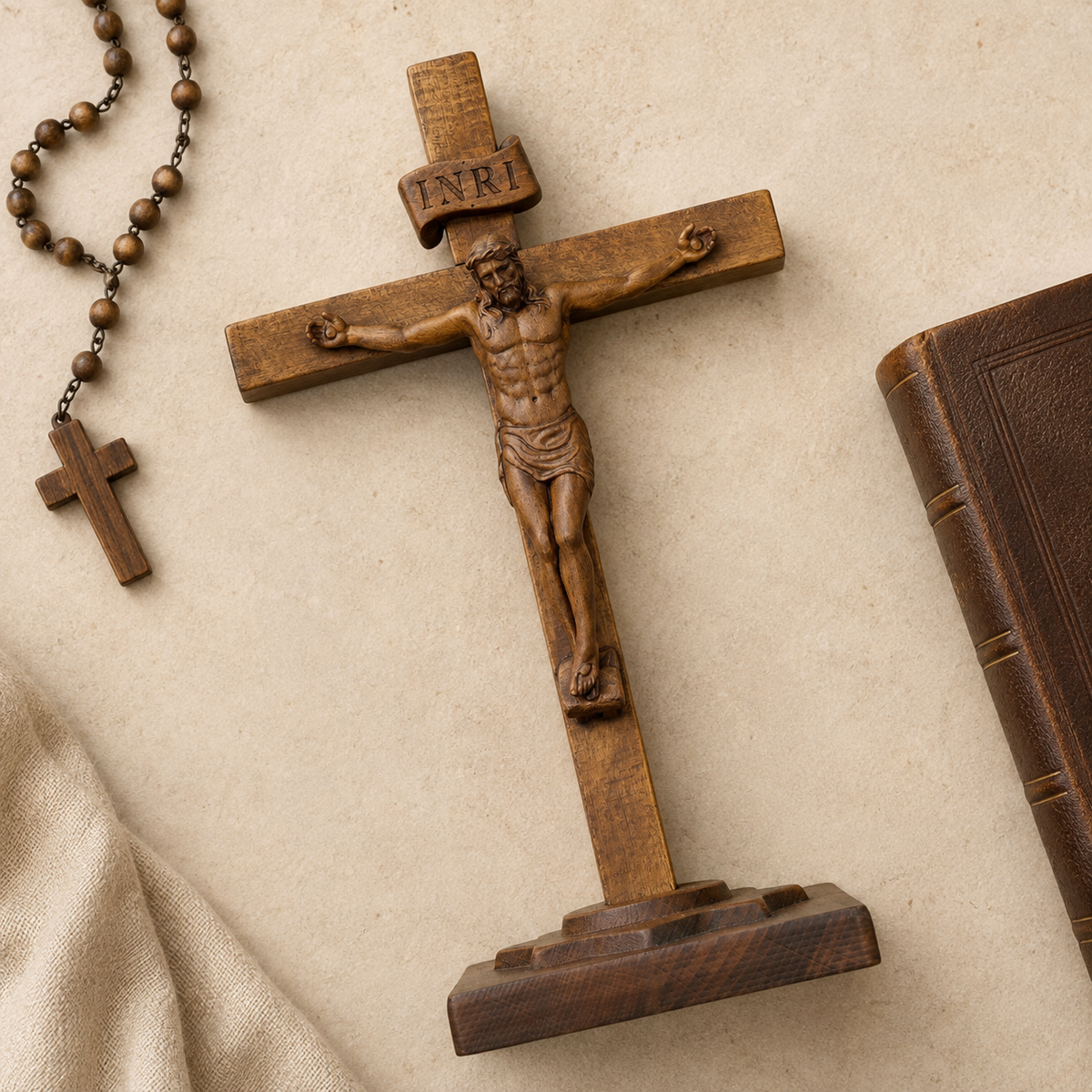 Hand-Carved Beechwood Crucifixion of Jesus Standing Cross – Christian Prayer & Home Altar Decor