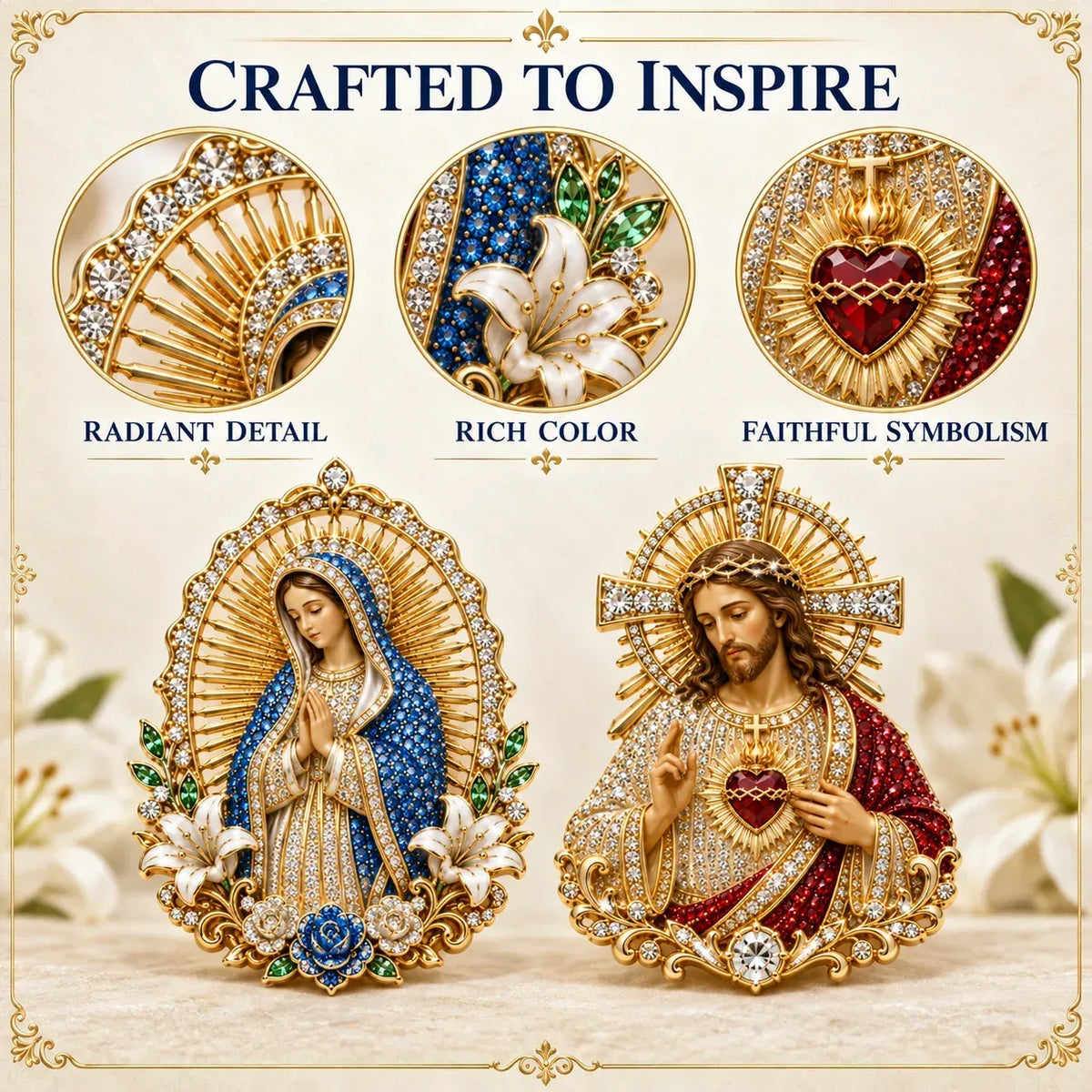 ⏳ Last Day 49% OFF – ✝️ 3D Jesus & Mary Sacred Devotion Pin | Gold-Tone Crystal Christian Brooch ❤️