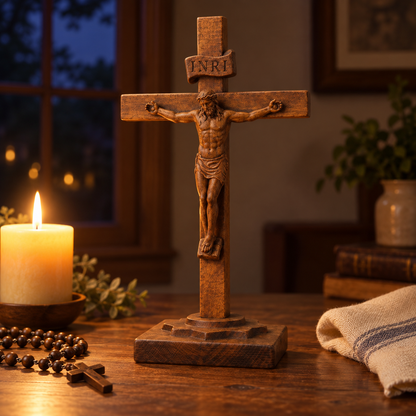 Hand-Carved Beechwood Crucifixion of Jesus Standing Cross – Christian Prayer & Home Altar Decor