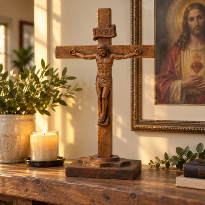 Hand-Carved Beechwood Crucifixion of Jesus Standing Cross – Christian Prayer & Home Altar Decor