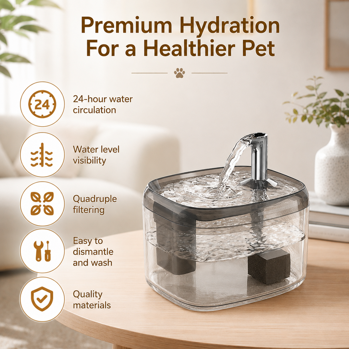 1.5L USB Automatic Cat Water Fountain with Filter for Cats and Small Dogs