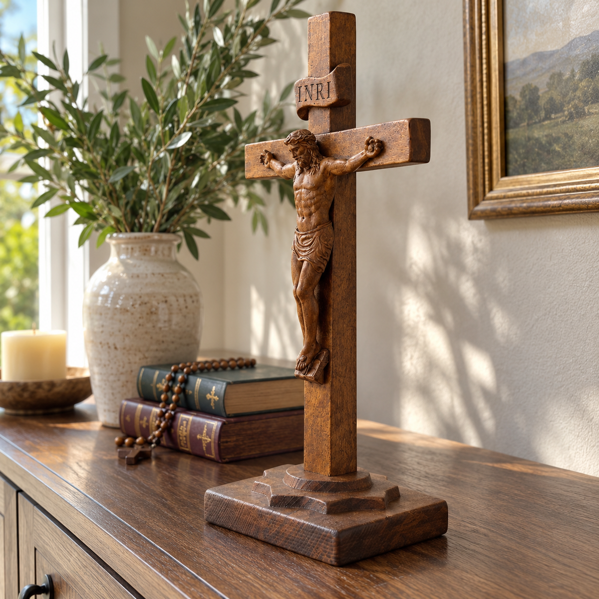 Hand-Carved Beechwood Crucifixion of Jesus Standing Cross – Christian Prayer & Home Altar Decor