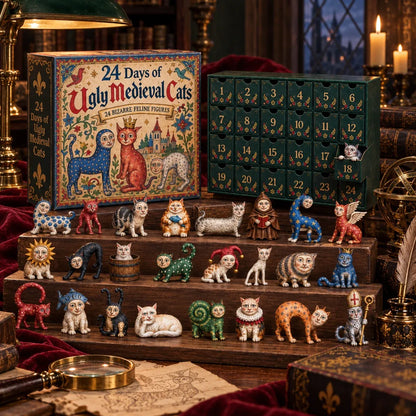 🐈🏰 24 Days of Ugly Medieval Cats – 2026 Advent Calendar with 24 Unique 2D Flat-Printed Acrylic Cat Designs, Funny Medieval-Inspired Christmas Countdown for Cat Lovers