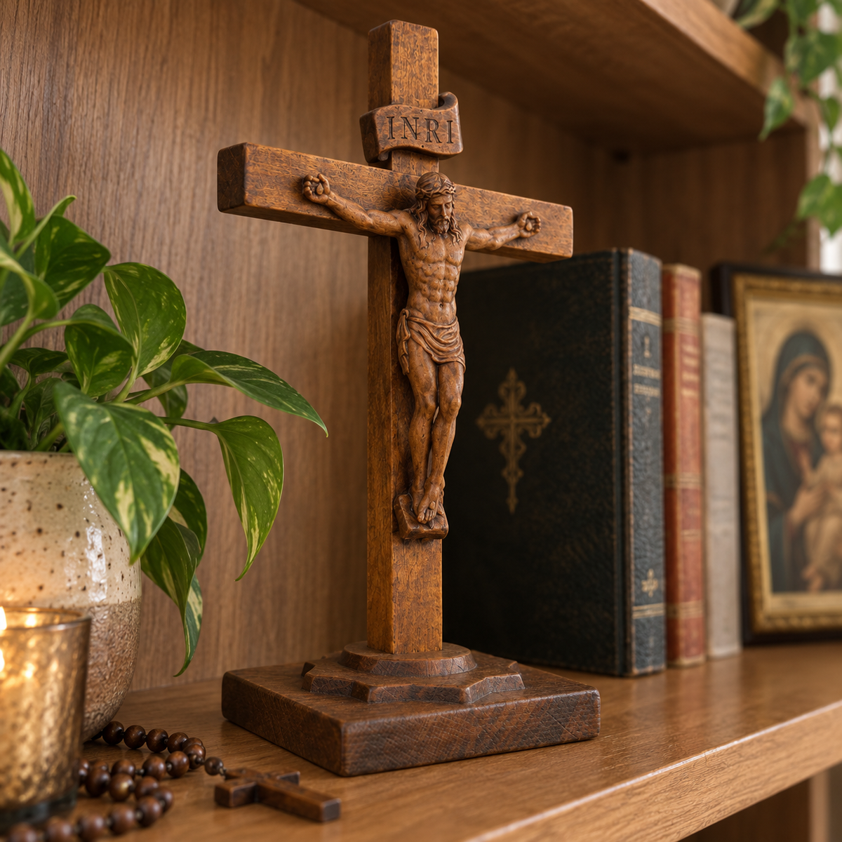 Hand-Carved Beechwood Crucifixion of Jesus Standing Cross – Christian Prayer & Home Altar Decor
