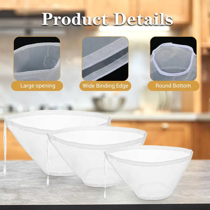 3 Pcs Bowl-Shaped Nylon Nut Milk Bag, Reusable Strainer Bags 🥛