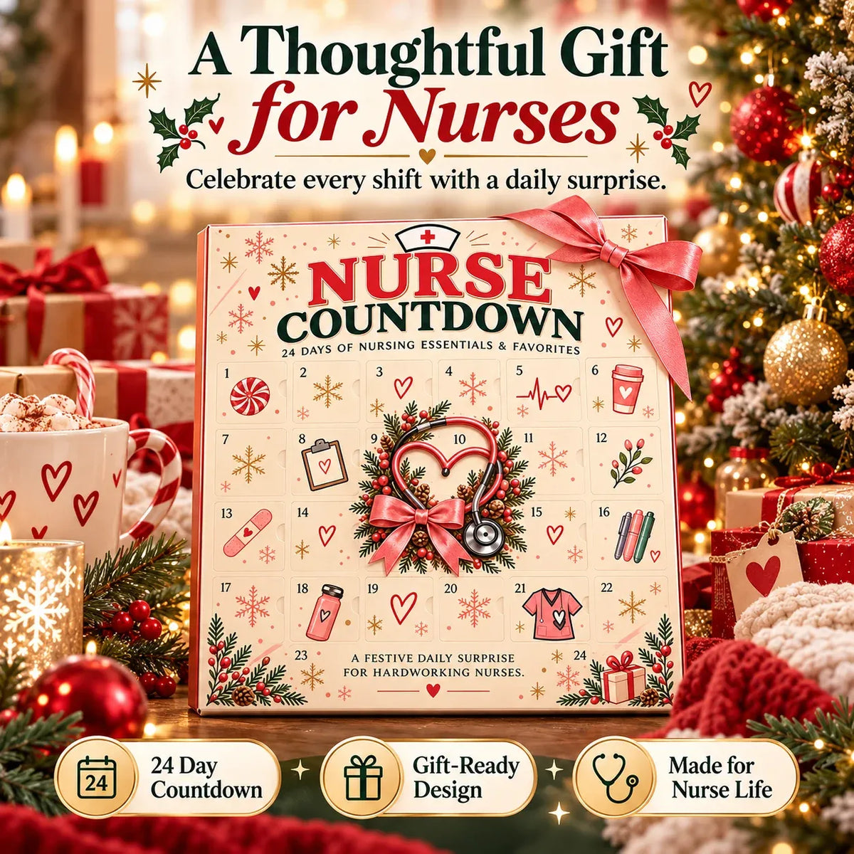 ❤️ CareHeroTM 24-Day Advent Calendar – Heartfelt Holiday Countdown Gift for Nurses
