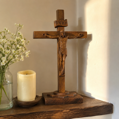 Hand-Carved Beechwood Crucifixion of Jesus Standing Cross – Christian Prayer & Home Altar Decor