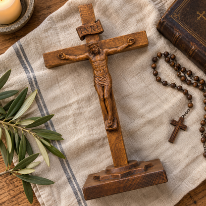 Hand-Carved Beechwood Crucifixion of Jesus Standing Cross – Christian Prayer & Home Altar Decor
