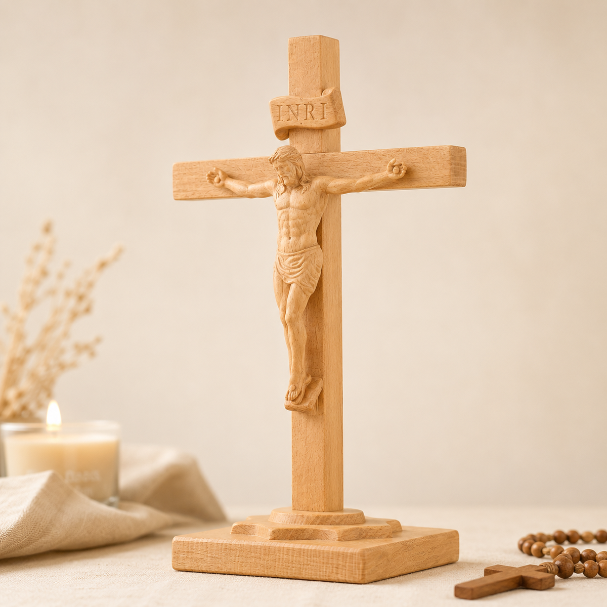 Hand-Carved Beechwood Crucifixion of Jesus Standing Cross – Christian Prayer & Home Altar Decor