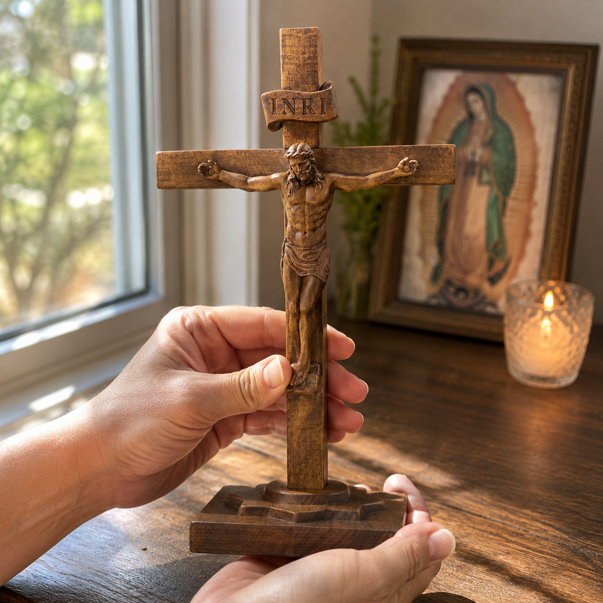 Hand-Carved Beechwood Crucifixion of Jesus Standing Cross – Christian Prayer & Home Altar Decor
