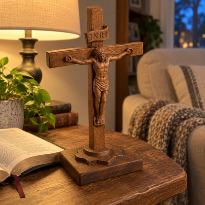 Hand-Carved Beechwood Crucifixion of Jesus Standing Cross – Christian Prayer & Home Altar Decor
