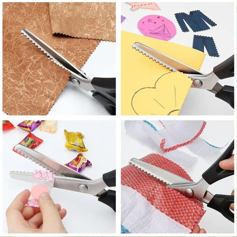 Pinking shears shown cutting fabric paper and craft materials