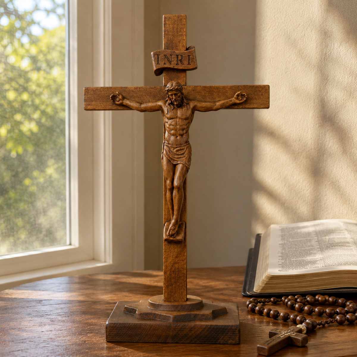 Hand-Carved Beechwood Crucifixion of Jesus Standing Cross – Christian Prayer & Home Altar Decor