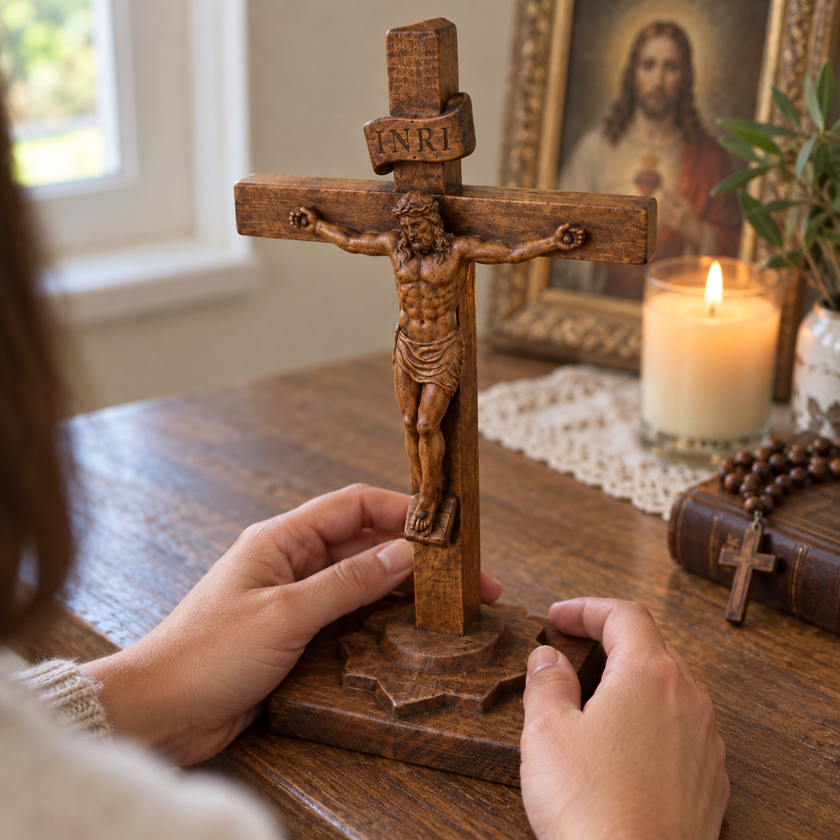 Hand-Carved Beechwood Crucifixion of Jesus Standing Cross – Christian Prayer & Home Altar Decor