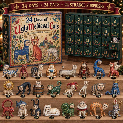 🐈🏰 24 Days of Ugly Medieval Cats – 2026 Advent Calendar with 24 Unique 2D Flat-Printed Acrylic Cat Designs, Funny Medieval-Inspired Christmas Countdown for Cat Lovers