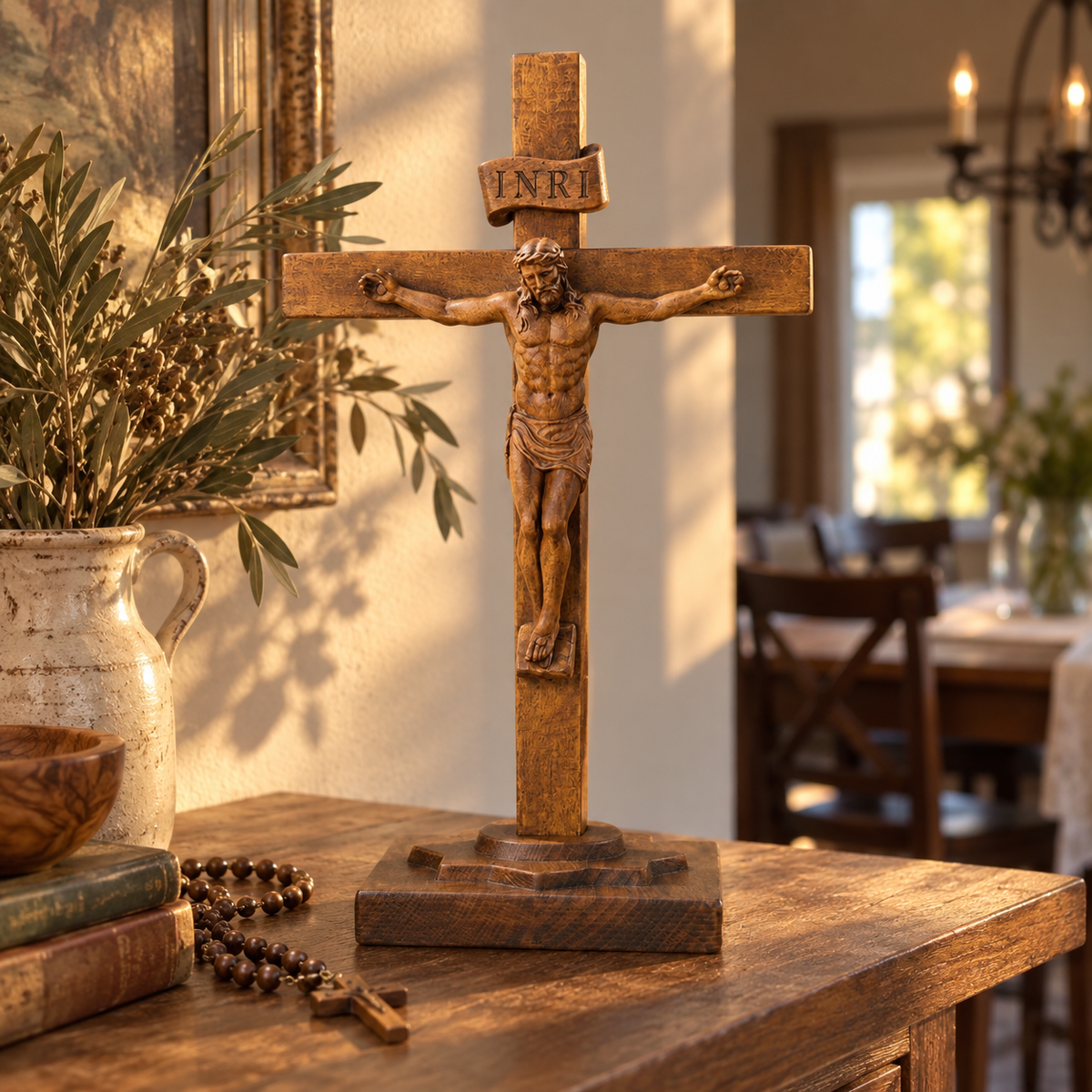 Hand-Carved Beechwood Crucifixion of Jesus Standing Cross – Christian Prayer & Home Altar Decor
