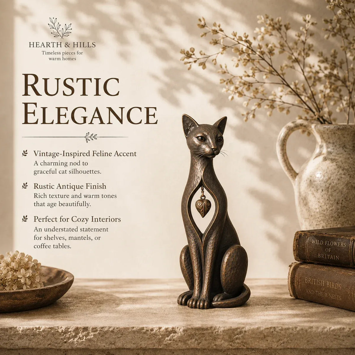 🐱 ❤️Last Day 50% OFF – Heritage Heart Cat SculptureTM | Vintage Metal Keepsake for Cat Lovers