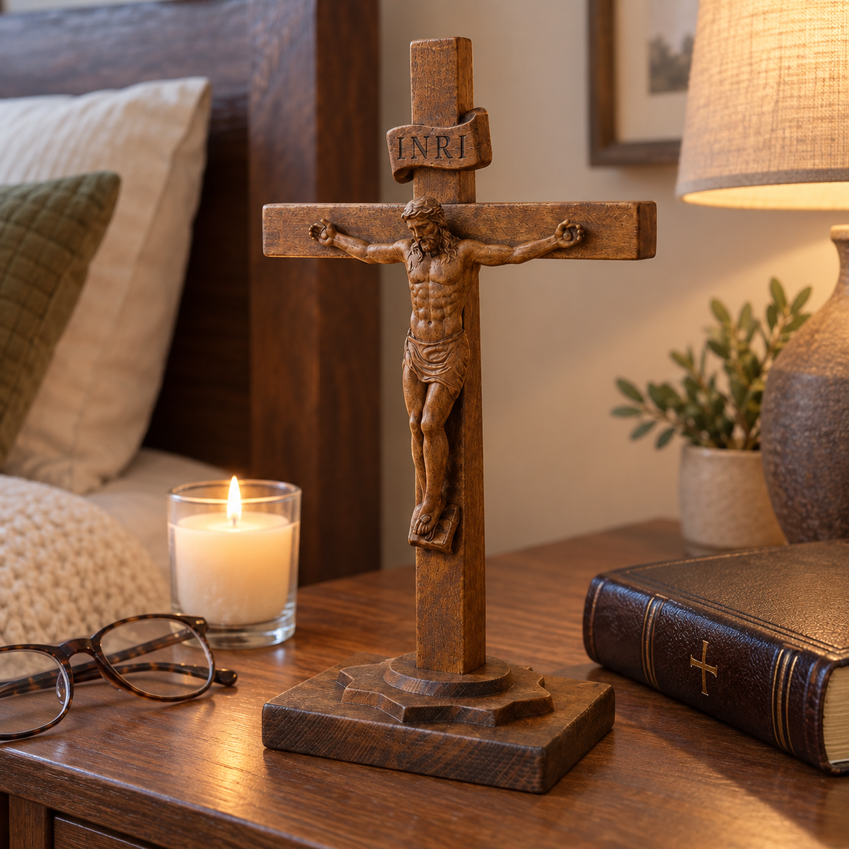 Hand-Carved Beechwood Crucifixion of Jesus Standing Cross – Christian Prayer & Home Altar Decor