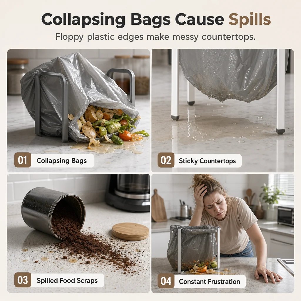 Foldable Stainless Steel Trash Bag Holder for Kitchen & Desktop