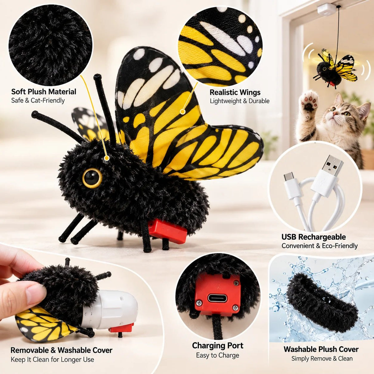 Interactive Electric Butterfly & Bluebird Cat Toy - 3 Flying Modes USB Rechargeable Teaser