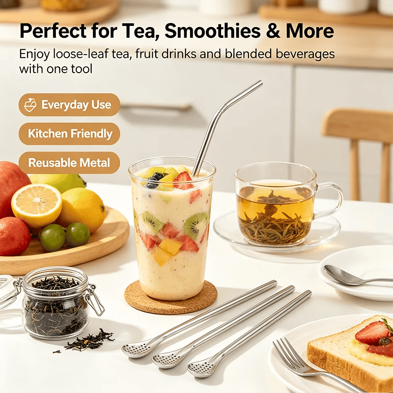 3-Count Stainless Steel Straw-Spoon, Multifunctional Filtered Strainer Scoop for Yerba Mate Tea, Fruit, Beverage, Coffee🥤