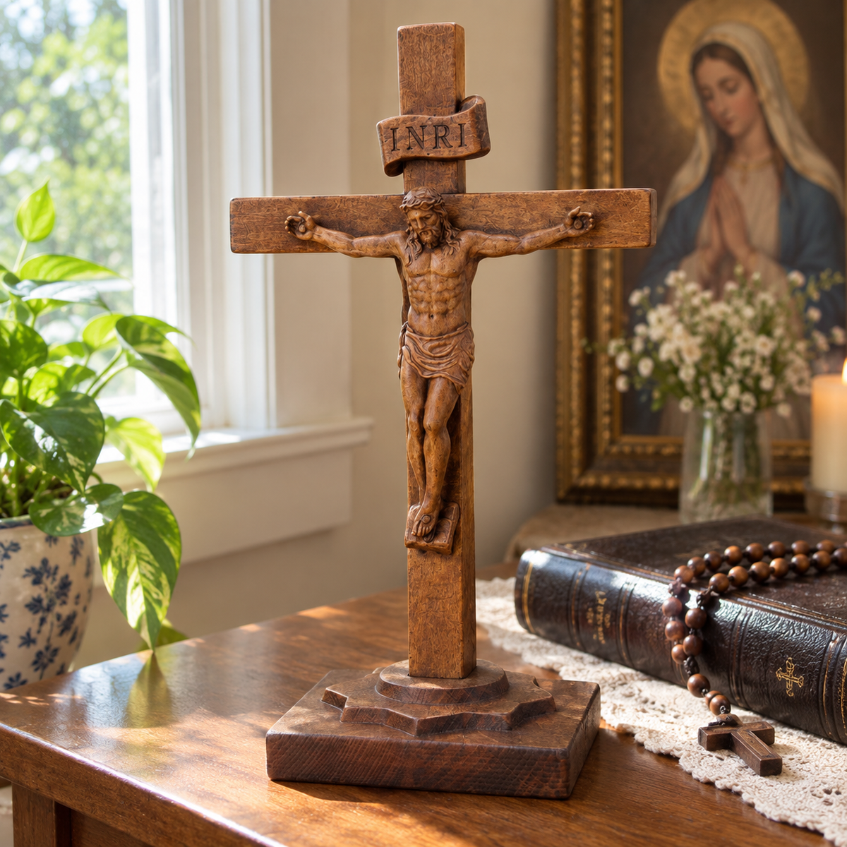 Hand-Carved Beechwood Crucifixion of Jesus Standing Cross – Christian Prayer & Home Altar Decor