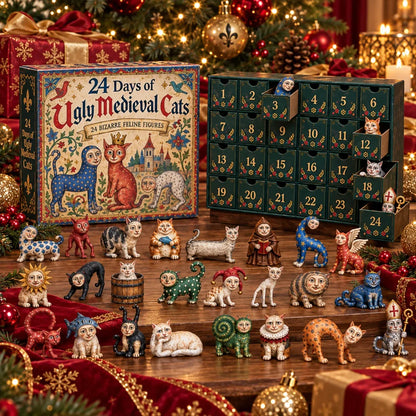 🐈🏰 24 Days of Ugly Medieval Cats – 2026 Advent Calendar with 24 Unique 2D Flat-Printed Acrylic Cat Designs, Funny Medieval-Inspired Christmas Countdown for Cat Lovers