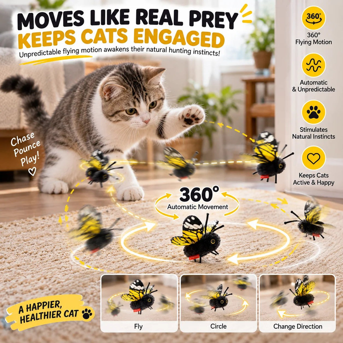 Interactive Electric Butterfly & Bluebird Cat Toy - 3 Flying Modes USB Rechargeable Teaser