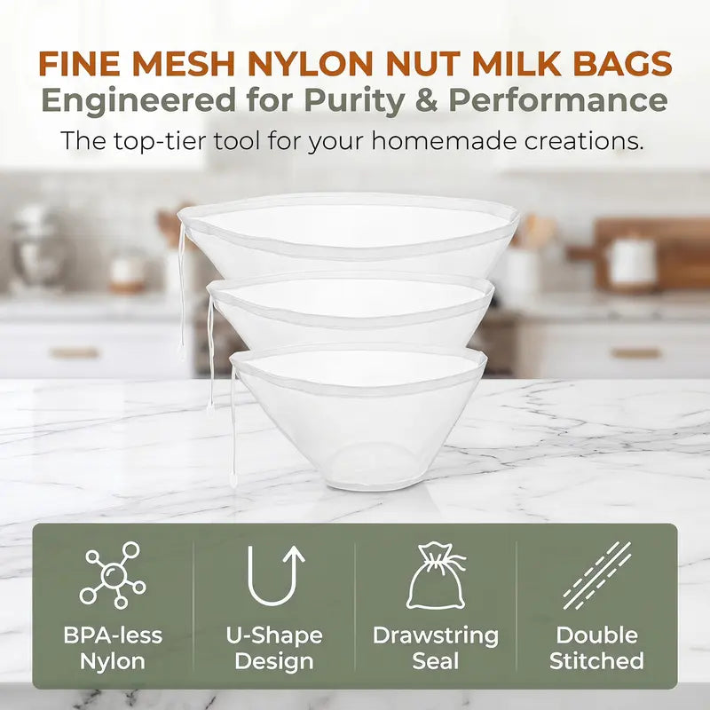 3 Pcs Bowl-Shaped Nylon Nut Milk Bag, Reusable Strainer Bags 🥛