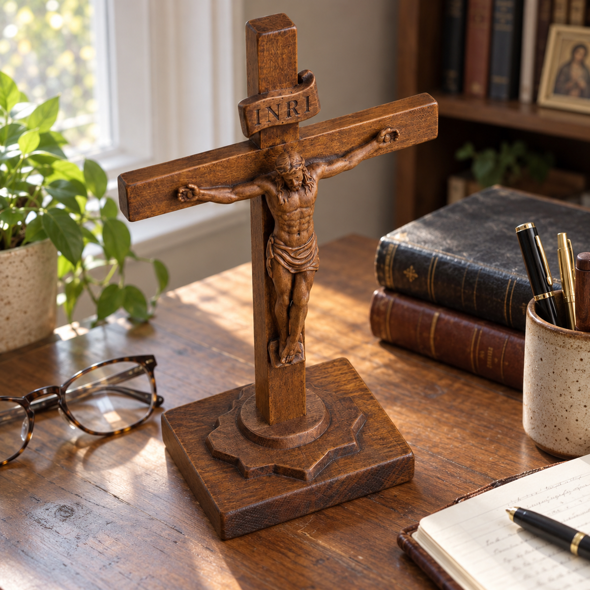 Hand-Carved Beechwood Crucifixion of Jesus Standing Cross – Christian Prayer & Home Altar Decor