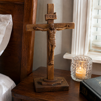 Hand-Carved Beechwood Crucifixion of Jesus Standing Cross – Christian Prayer & Home Altar Decor