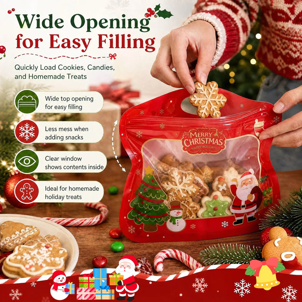 💖LAST DAY SALE 50% OFF!!🎁Easy Fill, Easy Seal🎄 Festive Self-Seal Treat Bags – Santa & Snowman Print | Resealable, Food-Safe & Perfect for Cookies, Chocolates & Little Gifts 🎅⛄
