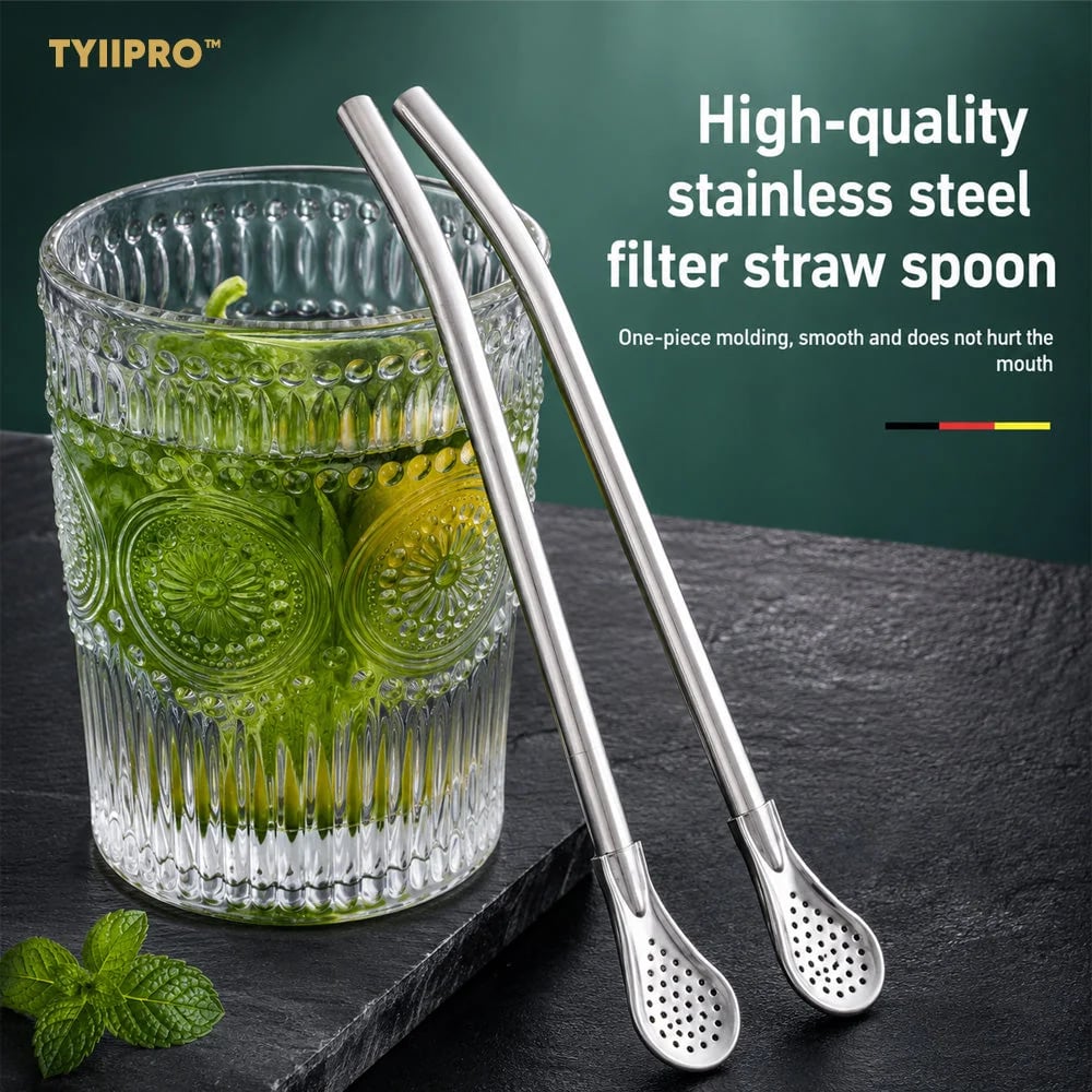 3-Count Stainless Steel Straw-Spoon, Multifunctional Filtered Strainer Scoop for Yerba Mate Tea, Fruit, Beverage, Coffee🥤