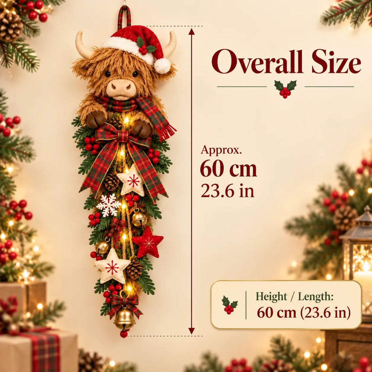 🔥Last Day 49% OFF✨🎄 Lighted Highland Cow Christmas Door Swag – A Cozy Holiday Welcome