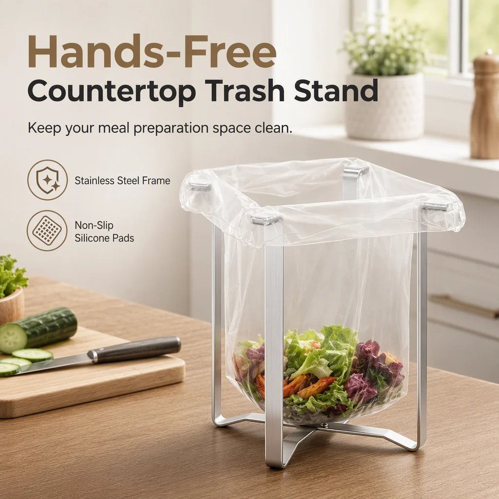 Foldable Stainless Steel Trash Bag Holder for Kitchen & Desktop