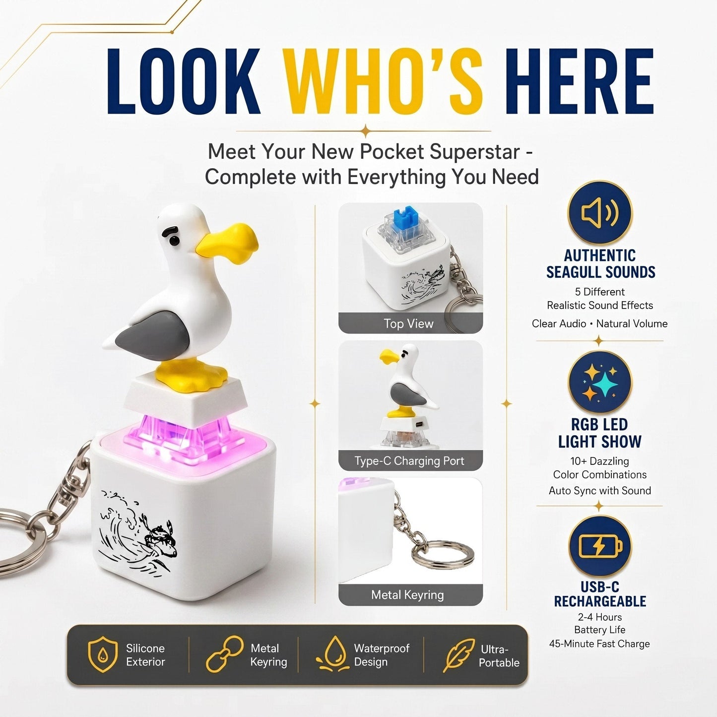 Seagull MINE! Button Keychain-Real Sound & LED Light, Funny Interactive Gift for Friends & Family summerwins
