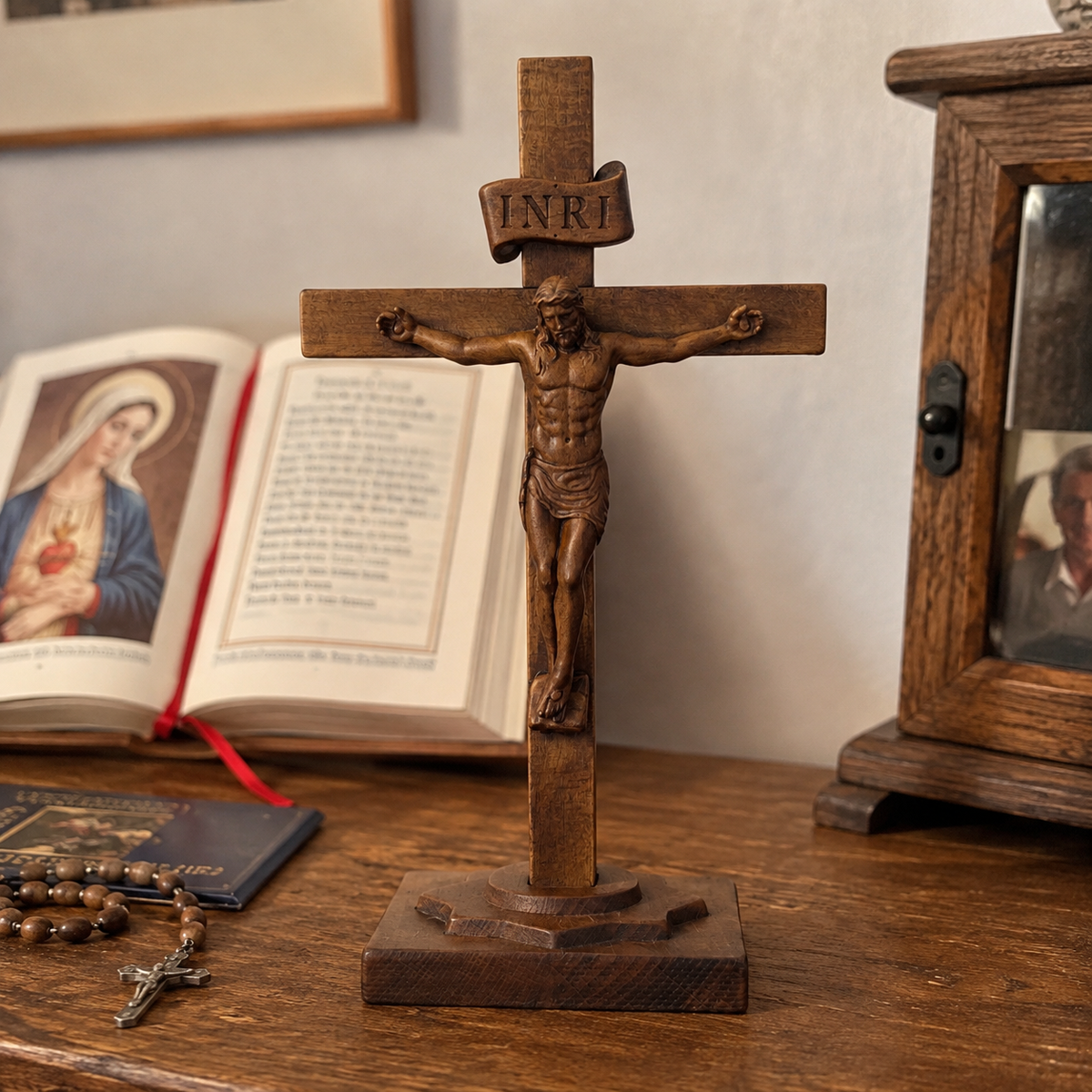 Hand-Carved Beechwood Crucifixion of Jesus Standing Cross – Christian Prayer & Home Altar Decor