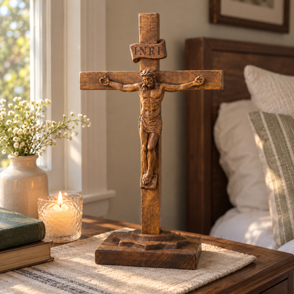 Hand-Carved Beechwood Crucifixion of Jesus Standing Cross – Christian Prayer & Home Altar Decor