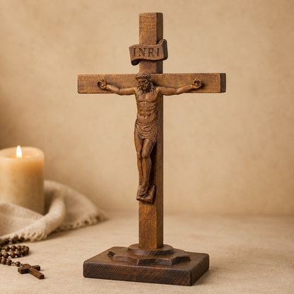 Hand-Carved Beechwood Crucifixion of Jesus Standing Cross – Christian Prayer & Home Altar Decor