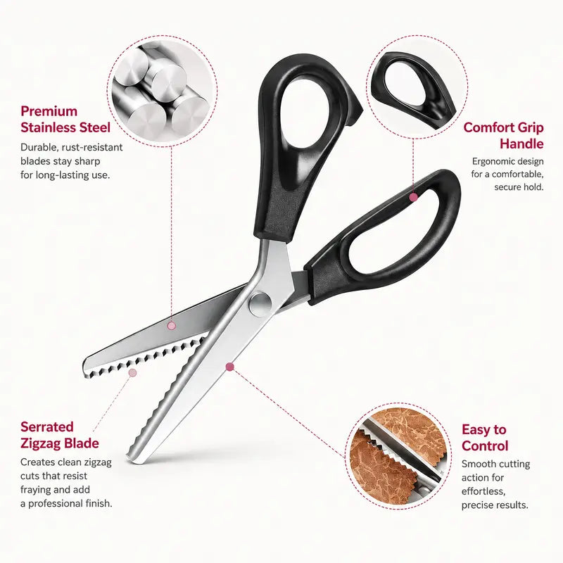 Pinking shears showing stainless steel blade serrated edge and comfort grip