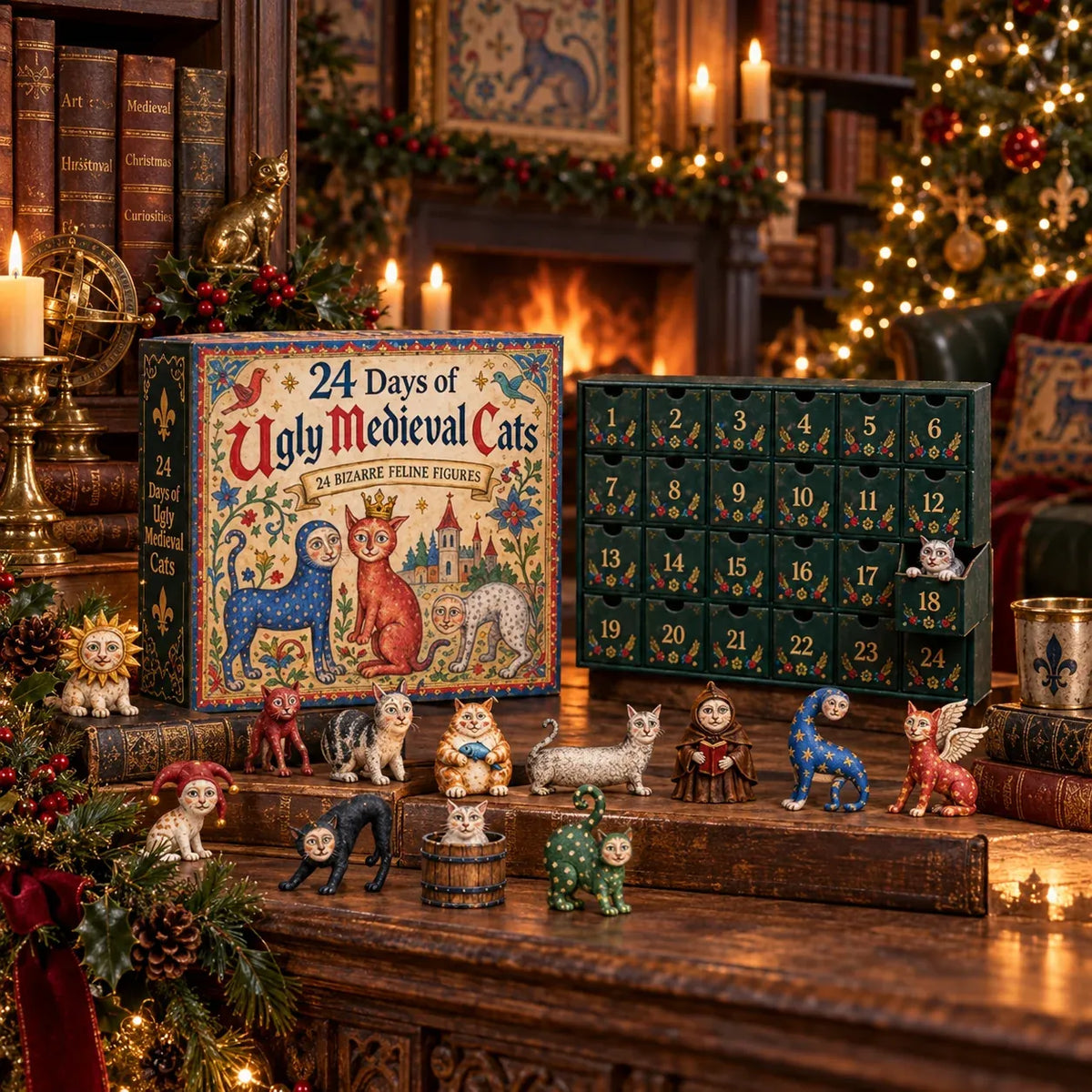 🐈🏰 24 Days of Ugly Medieval Cats – 2026 Advent Calendar with 24 Unique 2D Flat-Printed Acrylic Cat Designs, Funny Medieval-Inspired Christmas Countdown for Cat Lovers