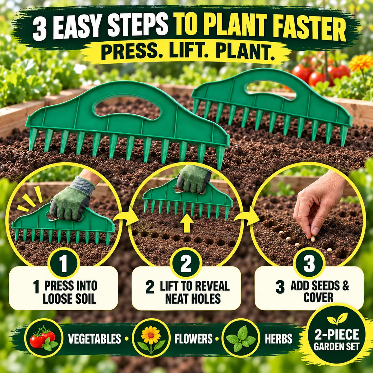 🌱 2-Pack Garden Seed Spacing Tool – Multi-Row Soil Dibbler & Furrow Maker