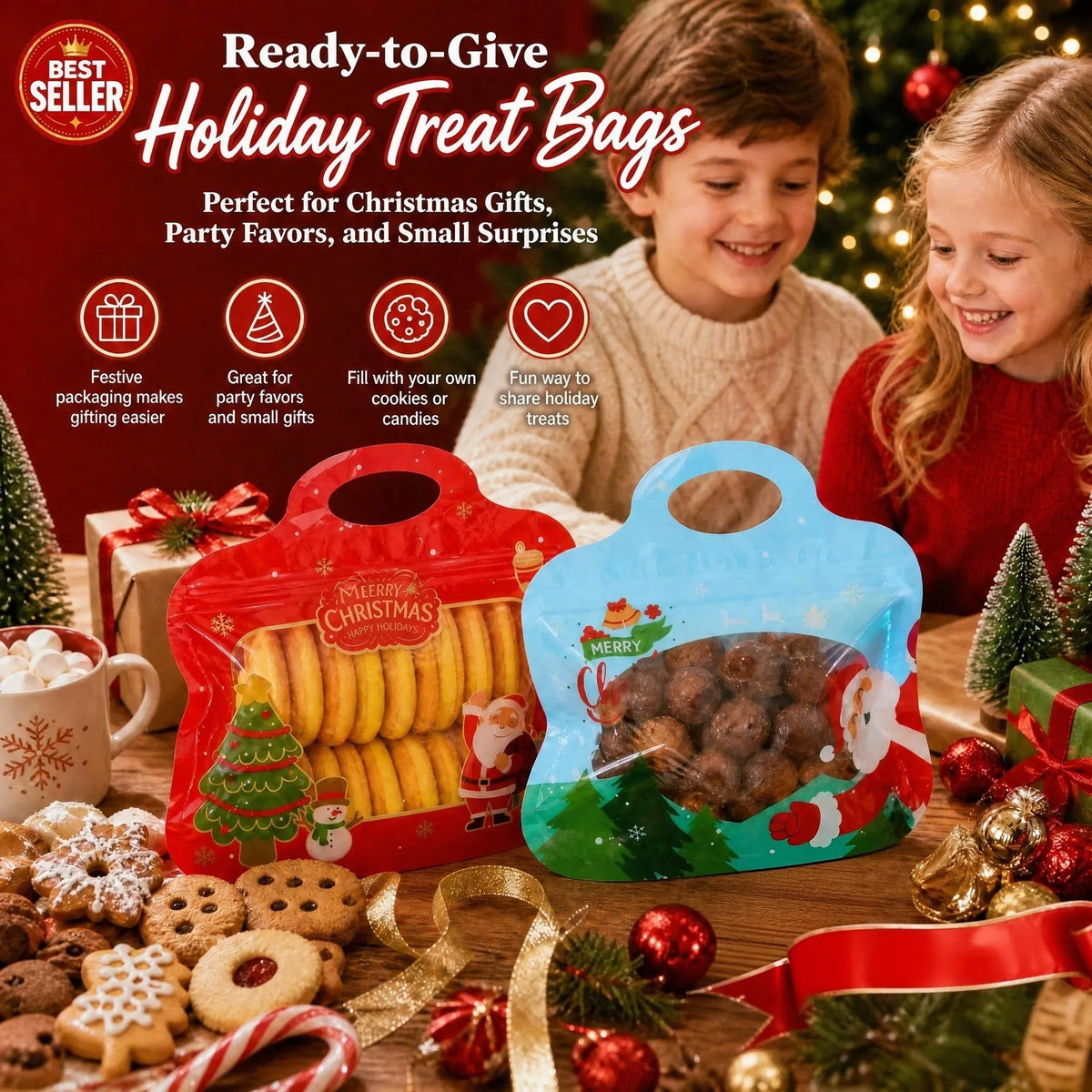 💖LAST DAY SALE 50% OFF!!🎁Easy Fill, Easy Seal🎄 Festive Self-Seal Treat Bags – Santa & Snowman Print | Resealable, Food-Safe & Perfect for Cookies, Chocolates & Little Gifts 🎅⛄