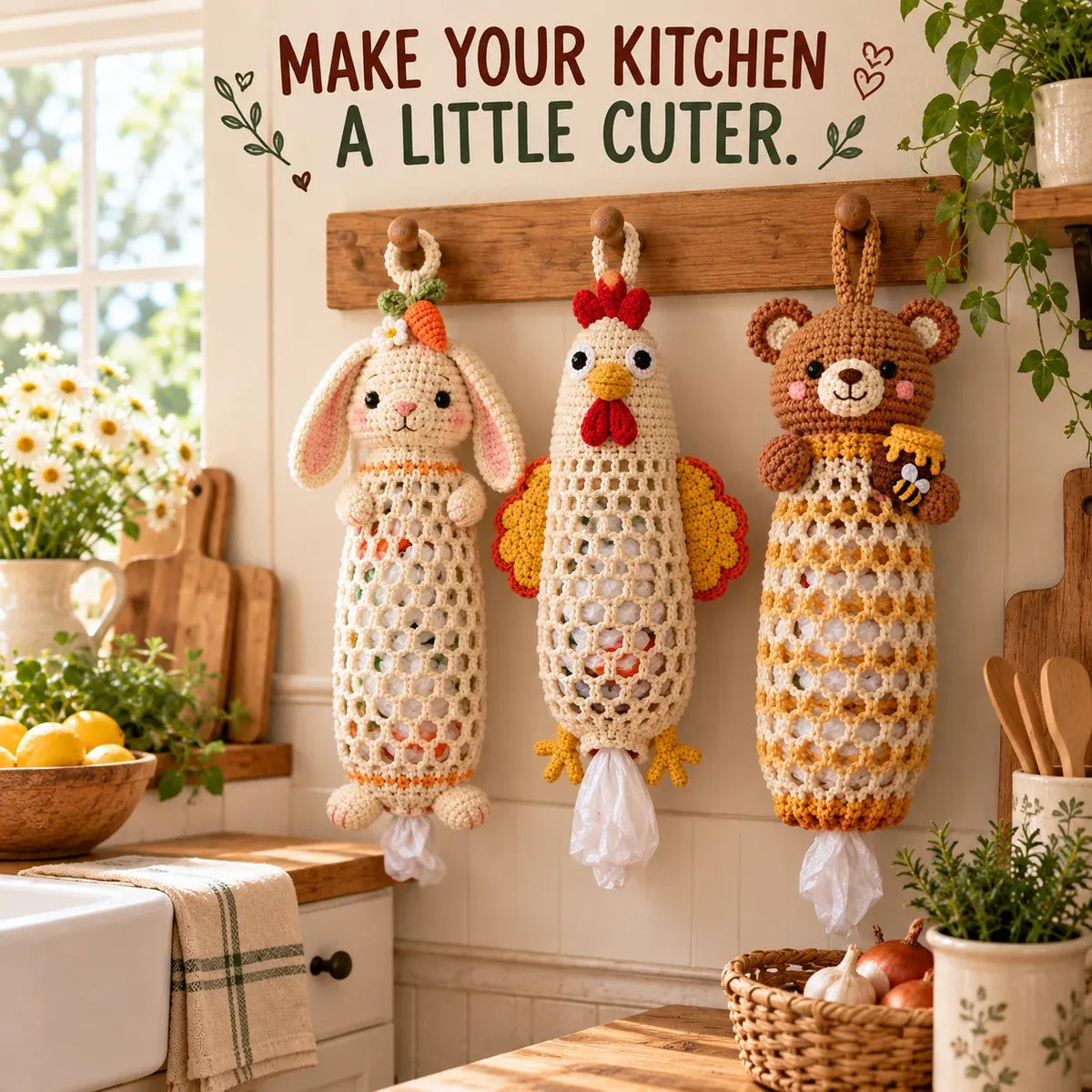 🔥LAST DAY 49% OFF – 🌼 Cottage Harvest KeepersTM — Crochet Animal Bag Holder DIY Kit | 11 Adorable Designs